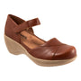 Clog, brown leather, Softwalk Miri with arch support, tan wedge sole, Velcro strap and removable footbed.