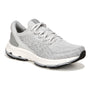 Walking shoe, light gray mesh, Ryka Devotion X, white sole, gray accents, visible arch support, shown on white background.