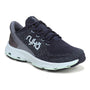 Shoe, navy/gray mesh, Ryka Devotion X with arch support, white midsole, black outsole, shown at an angle.