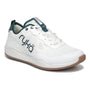 Shoe, Ryka Court Agility, white with green accents, white laces, tan sole, visible padded collar for comfort, side view.