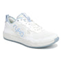 Sneaker, Ryka Court Agility, white with blue accents, mesh panels, APMA approved for comfort and support.