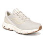 Sneaker, Ryka Dedicate Lx, beige textured fabric, white sole, tan accents, women’s walking shoe. Comfort fit design.