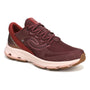 Sneaker, maroon mesh upper, white sole, brown tread; Ryka Dedicate Lx women’s walking shoe with lace-up closure.