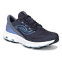 Shoe, navy blue Ryka Dedicate Lx womens walking sneaker with shock absorption and white midsole, side view.