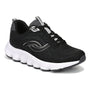 Athletic shoe, black mesh, Ryka Podflow 2, with arch support, white sole, silver accents for fitness walking.