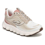 Walking shoe, beige and white synthetic with pink accents, Ryka Podflow 2, lace-up, arch support, cushioned sole.