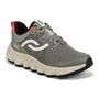 Hiking sneaker by Ryka Podflow Tr, gray/beige mesh upper, cushioned support, black sole, white and red accents.