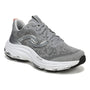 Walking shoe, gray mesh upper, white sole, metallic details; Ryka Dedicate Xtra Lx with extra cushioning for comfort.