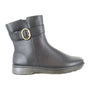 Boot, black leather, Naot Capri, side buckle, flat sole, removable cork footbed for support shown in profile.