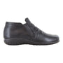 Slip-on shoe, black leather, Naot Terehu; slight wedge heel and textured rubber sole, side view.