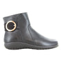 Naot Oamaru boot, black leather, rounded toe, flat sole, orthotic friendly, large gold side buckle.