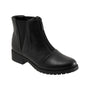Boot, black leather, Trotters Marni, low heel, front zip, elastic panels, faux fur footbed for comfort.