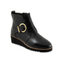 Boot, black leather, Trotters Wendi with side zipper, cushioned footbed, gold buckle, and low wedge heel.