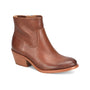 Boot, brown leather, Sofft April with low stacked heel, side zipper; western style ankle height on white background.