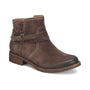 Boots, Sofft Bridgett: brown Italian suede with white stitching, side straps, low heel, textured rubber sole.