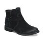 Boot, black leather; Sofft Bridgett. Decorative straps, white stitching, low stacked heel; handcrafted construction.