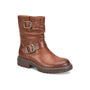 Boot, brown leather, Sofft Alyssa mid-calf moto with two buckles, lugged sole for traction, shown on a white background.