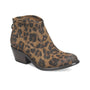 Bootie, brown suede with black leopard print, low stacked heel, Sofft Aisley; visible cushioned insole for comfort.
