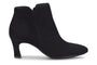 Boot, black suede, Sofft Sasha, ankle height with low kitten heel and almond toe, shown in profile on white background.