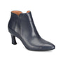 Boot in dark blue leather with kitten heel, pointed toe, tan interior. Sofft Sasha comfort footwear on white background.