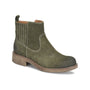 Boot by Claire by Comfortiva, olive green waterproof suede, elastic panels, pull tab, low brown heel.