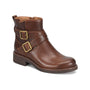 Boot, brown waterproof leather, Comfortiva Clover, gold buckles, low heel, side zipper, textured sole.
