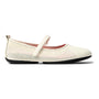 Mary Jane flat shoe, beige mesh upper, black sole; Camper Right Nina Moccasin designed for everyday comfort.