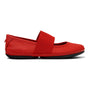 Ballerina shoe, red leather, black sole, wide elastic strap. Camper Right 21595 with removable EVA footbed for support.