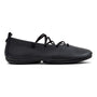 Ballet flat, black leather, Camper Right Nina Ballerina with flexible crisscross laces, side view on white background.