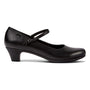 Shoe, black calfskin suede, Camper Helena Bajo MJ Mary Jane pump with low block heel, thin strap, EVA outsole side view.