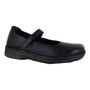 Shoe, black leather, Naot Martinos Mary Jane with rounded toe, flat sole, and visible arch support.