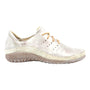 Shoe, beige leather, Naot Kumara; lace-up; brown textured sole; perforations; removable footbed for comfort—left side view.
