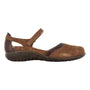 Flat shoe, brown suede, Naot Tekapo Mary Jane with dark strap and slip-resistant sole, shown in side view.