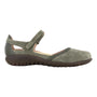 Flat shoe, gray suede and leather, ankle strap, Naot Tekapo. Orthotic-friendly, slip-resistant sole.