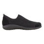 Shoe, black Naot Reo with knit upper, rubber sole, low heel, shown left profile. Designed for comfort.