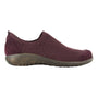 Sneaker in burgundy knit by Naot, side view, with dark ridged sole and orthotic-friendly support features.