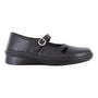 Mary Jane shoe, black leather, Naot Looper; removable footbed, side buckle, two cutouts, low wedge heel.