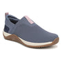 Sneaker by Ryka in blue knit with ribbed texture, cushioned sole, white midsole, and pink pull tab.