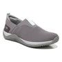 Shoe, gray knit Ryka Echo Knit slip-on with cushioned support, white sole, and heel pull tab.