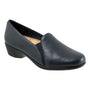 Pump, navy leather Trotters Reagan with black flexible sole, elastic inset, and cushioned footbed for comfort.