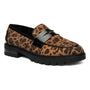 Loafer, leopard print fabric, black chunky sole, ara Caladium, HighSoft cushioning, sleek black band on white background.