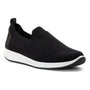 Shoe, black knit slip-on ara Leena 3 with removable insoles and white sole, pictured angled on white background.