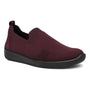 Slip-on sneaker, maroon stretchy woven upper, black sole, low heel, ara Leena 3, angled right on white background.