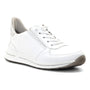 Sneaker, white leather, ara Ovation with Highsoft tech, white laces, light gray sole, angled on white background.