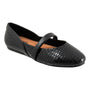 Flat shoe, black scale-textured, Softwalk Samara with cushioned footbed and single strap, shown on white background.