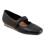 Flat shoe, black leather Softwalk Valdivia, single strap, arch support, low brown sole.