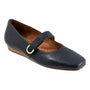 Mary Jane shoe, navy leather, Softwalk Valdivia, square toe, gold buckle, cushioned footbed, brown rubber sole.