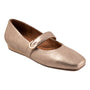 Flat shoe, gold metallic leather, Softwalk Valdivia with cushioned footbed and strap shown on white background.