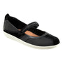 Mary Jane flat, black, mesh sides, Velcro strap; Softwalk Dayton with arch support and cushioned footbed.