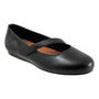 Black leather Softwalk Syracuse Mary Jane flat with diagonal strap, textured heel, cushioned footbed for comfort.
